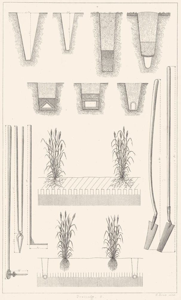 FARMING. Agriculture. Drainage. Clippers spade shovel vegetation 1875 print